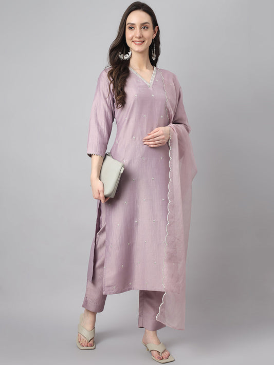 Janasya Women's Lavender Chinon Solid Straight Festive Kurta Set | Swadesiicart