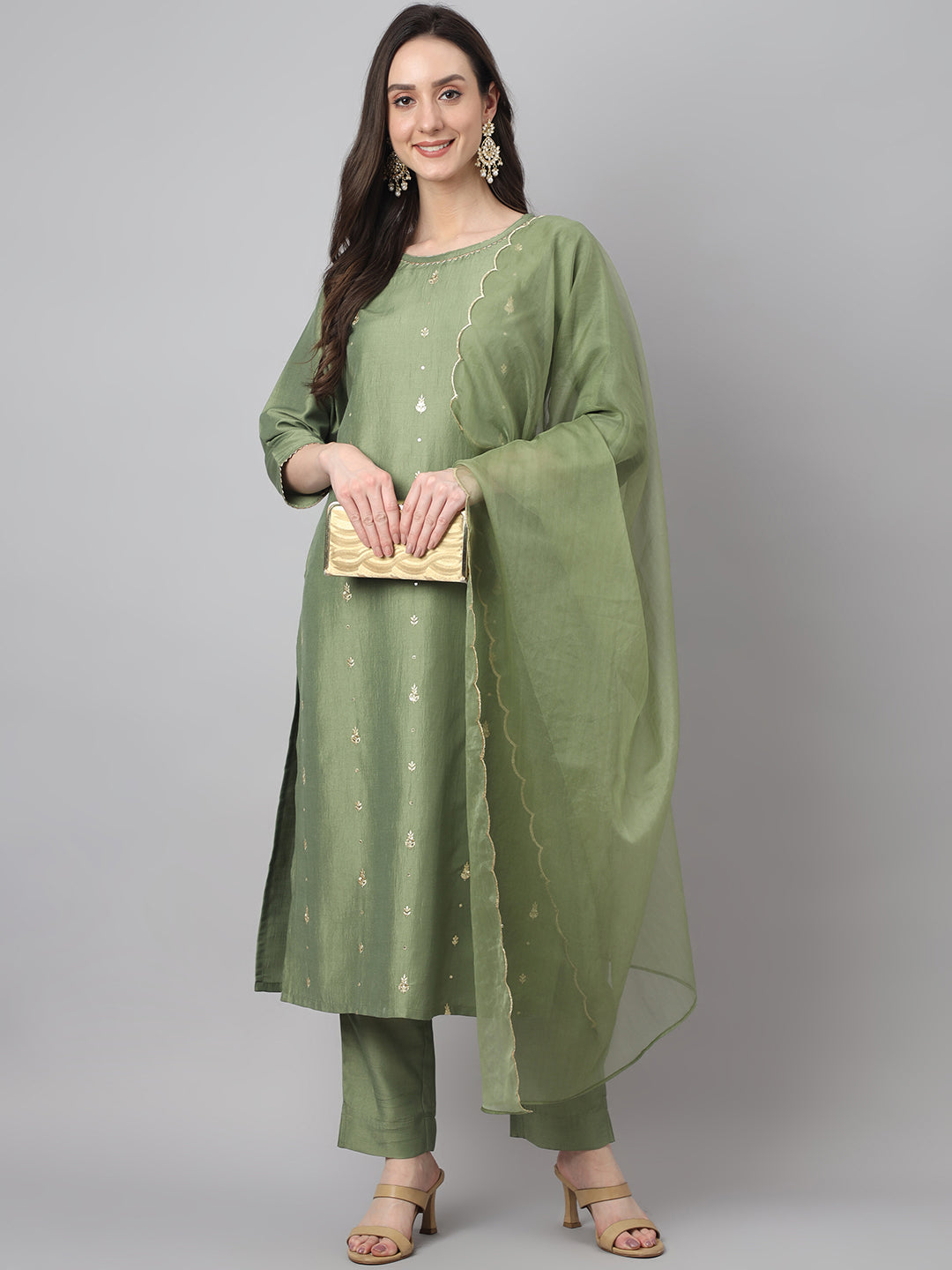 Janasya Women's Green Chinon Solid Straight Festive Kurta Set | Swadesiicart