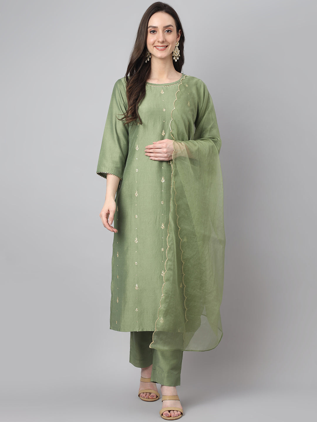 Janasya Women's Green Chinon Solid Straight Festive Kurta Set | Swadesiicart