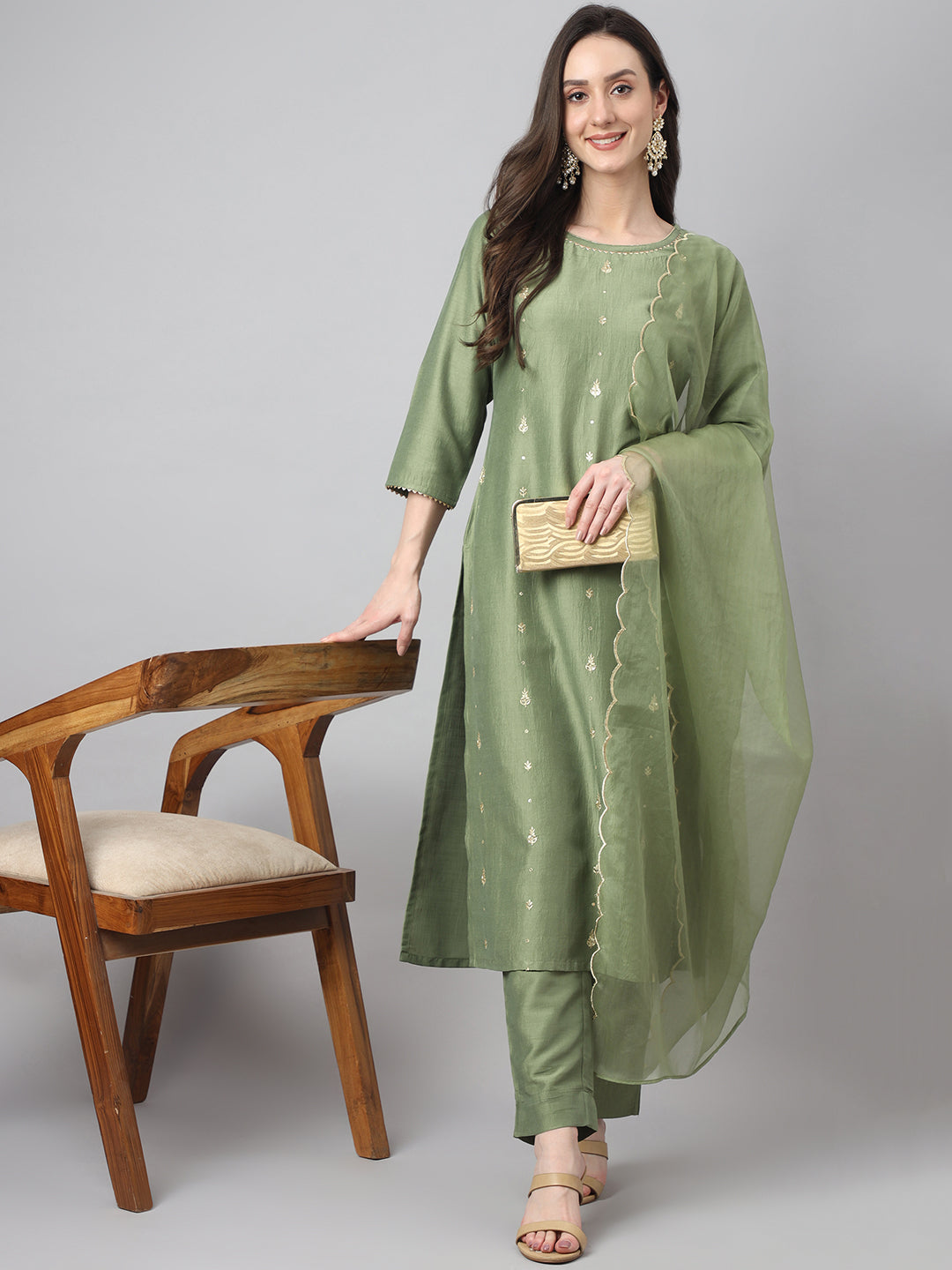 Janasya Women's Green Chinon Solid Straight Festive Kurta Set | Swadesiicart