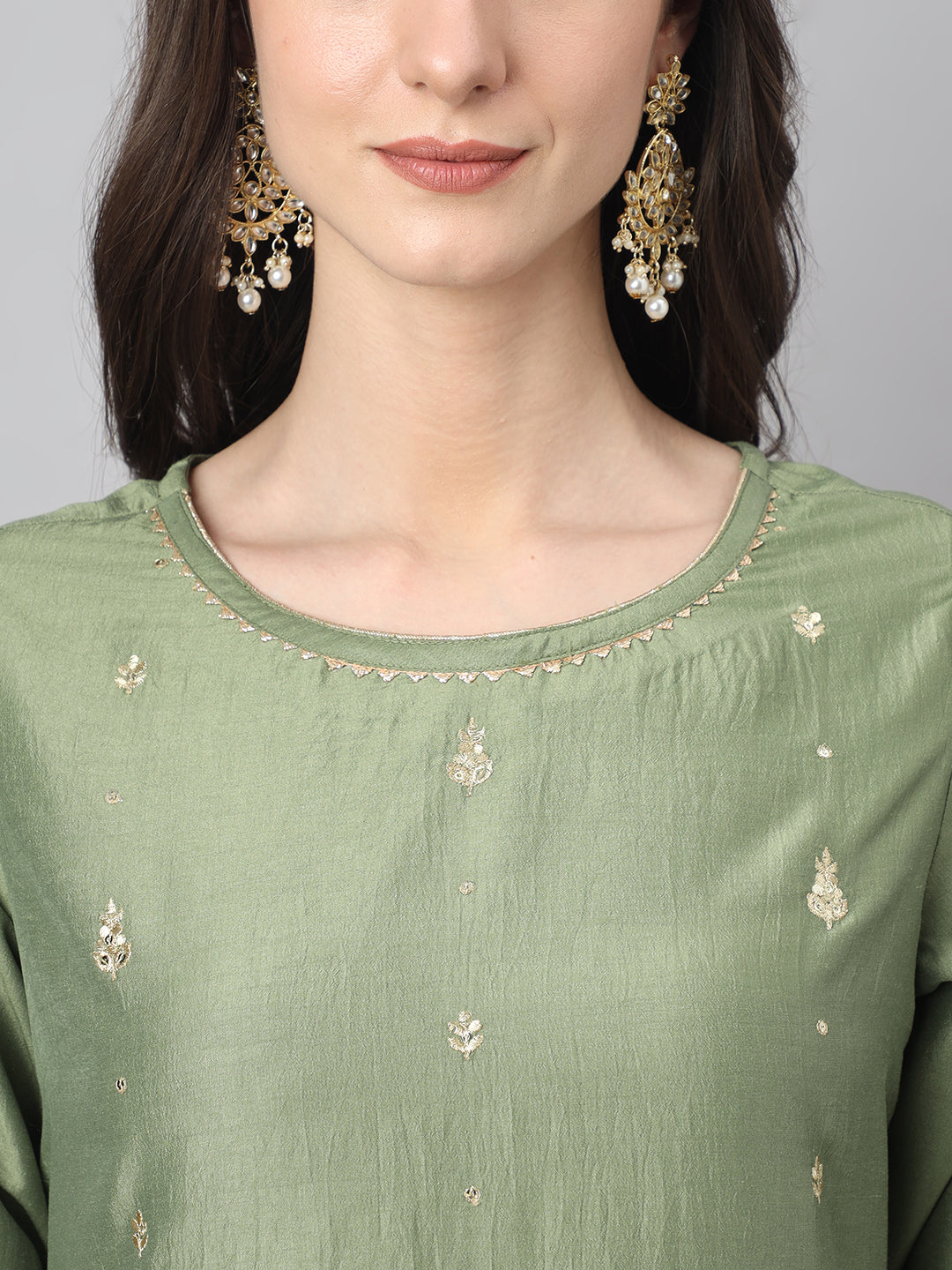 Janasya Women's Green Chinon Solid Straight Festive Kurta Set | Swadesiicart