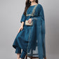 Janasya Women's Teal Chinon Solid Straight Festive Kurta Set | Swadesiicart
