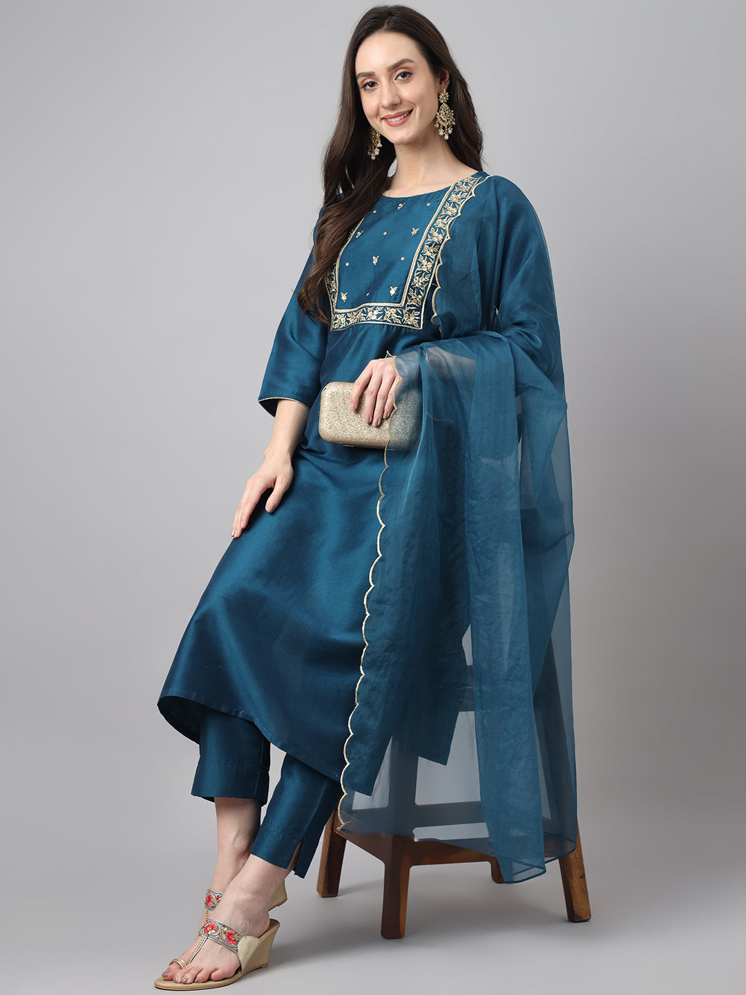 Janasya Women's Teal Chinon Solid Straight Festive Kurta Set | Swadesiicart