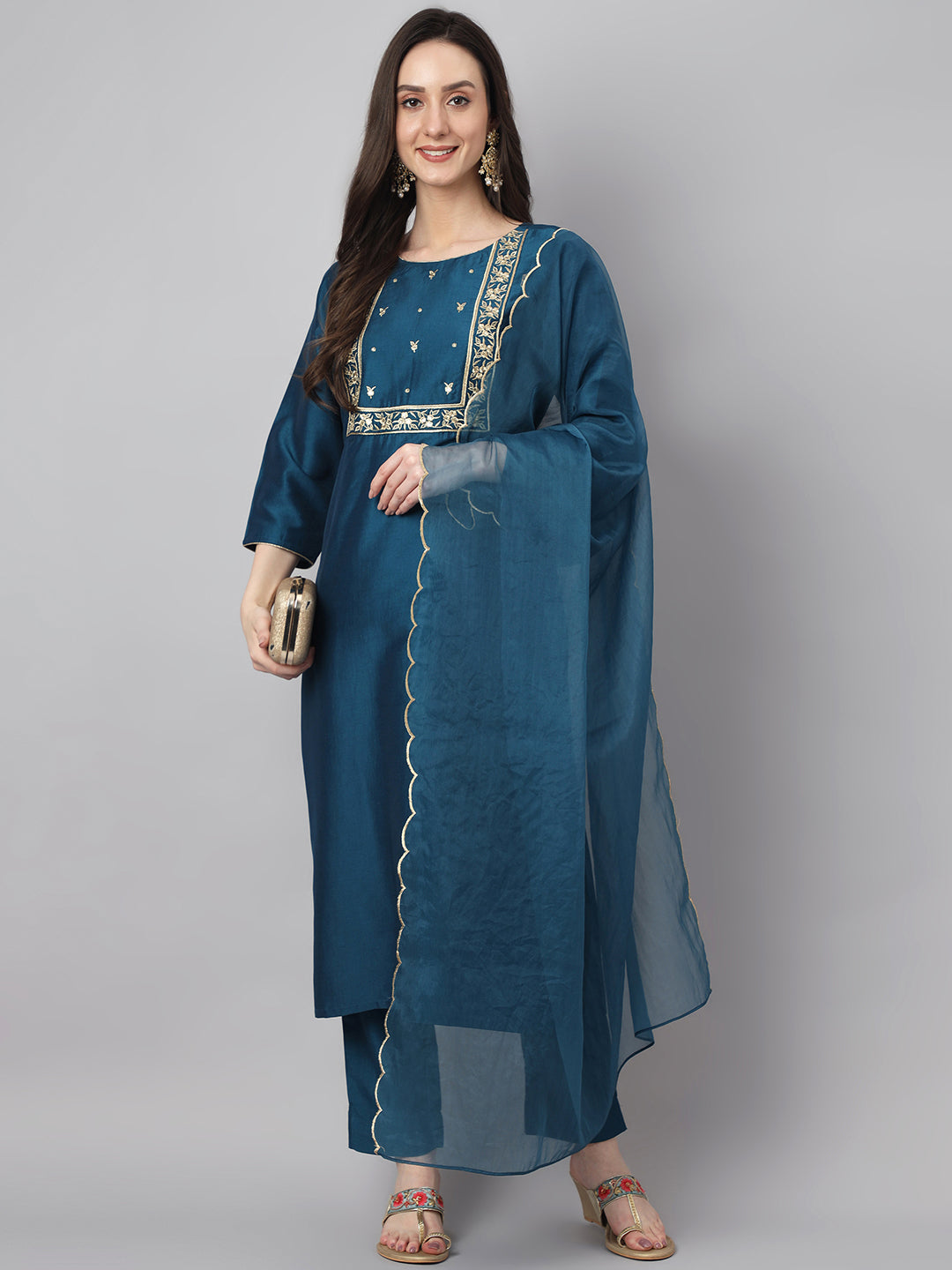 Janasya Women's Teal Chinon Solid Straight Festive Kurta Set | Swadesiicart
