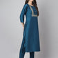 Janasya Women's Teal Chinon Solid Straight Festive Kurta Set | Swadesiicart
