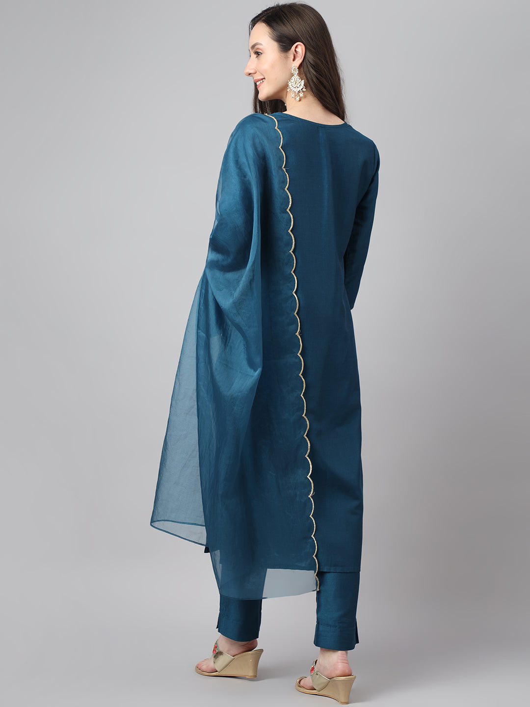 Janasya Women's Teal Chinon Solid Straight Festive Kurta Set | Swadesiicart