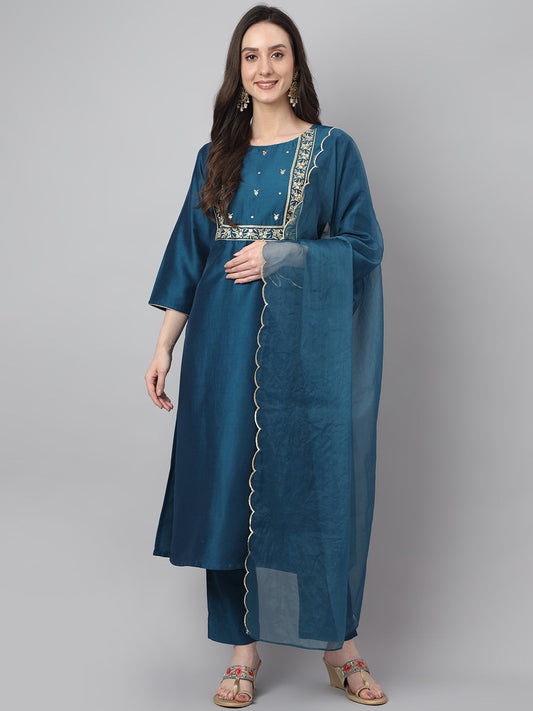 Janasya Women's Teal Chinon Solid Straight Festive Kurta Set | Swadesiicart