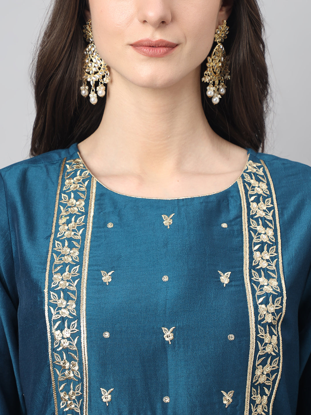 Janasya Women's Teal Chinon Solid Straight Festive Kurta Set | Swadesiicart