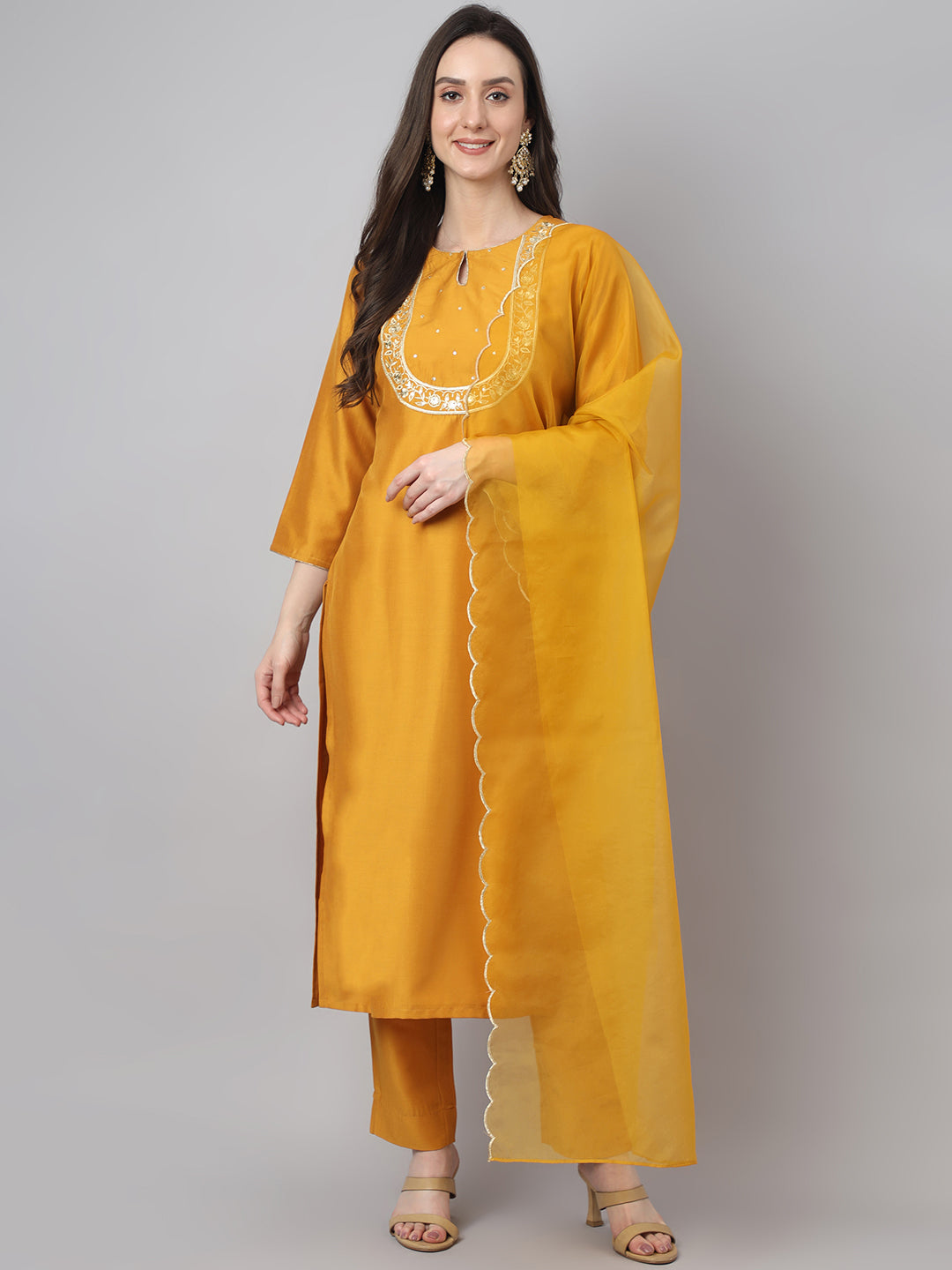 Janasya Women's Mustard Chinon Solid Straight Festive Kurta Set | Swadesiicart