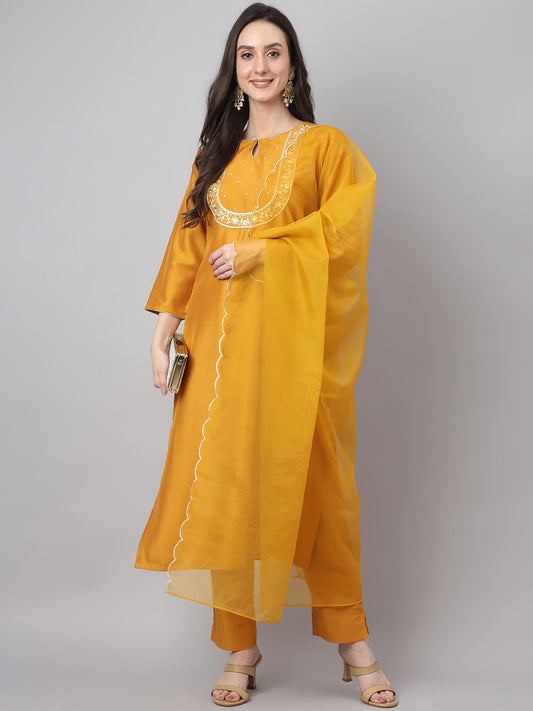 Janasya Women's Mustard Chinon Solid Straight Festive Kurta Set | Swadesiicart