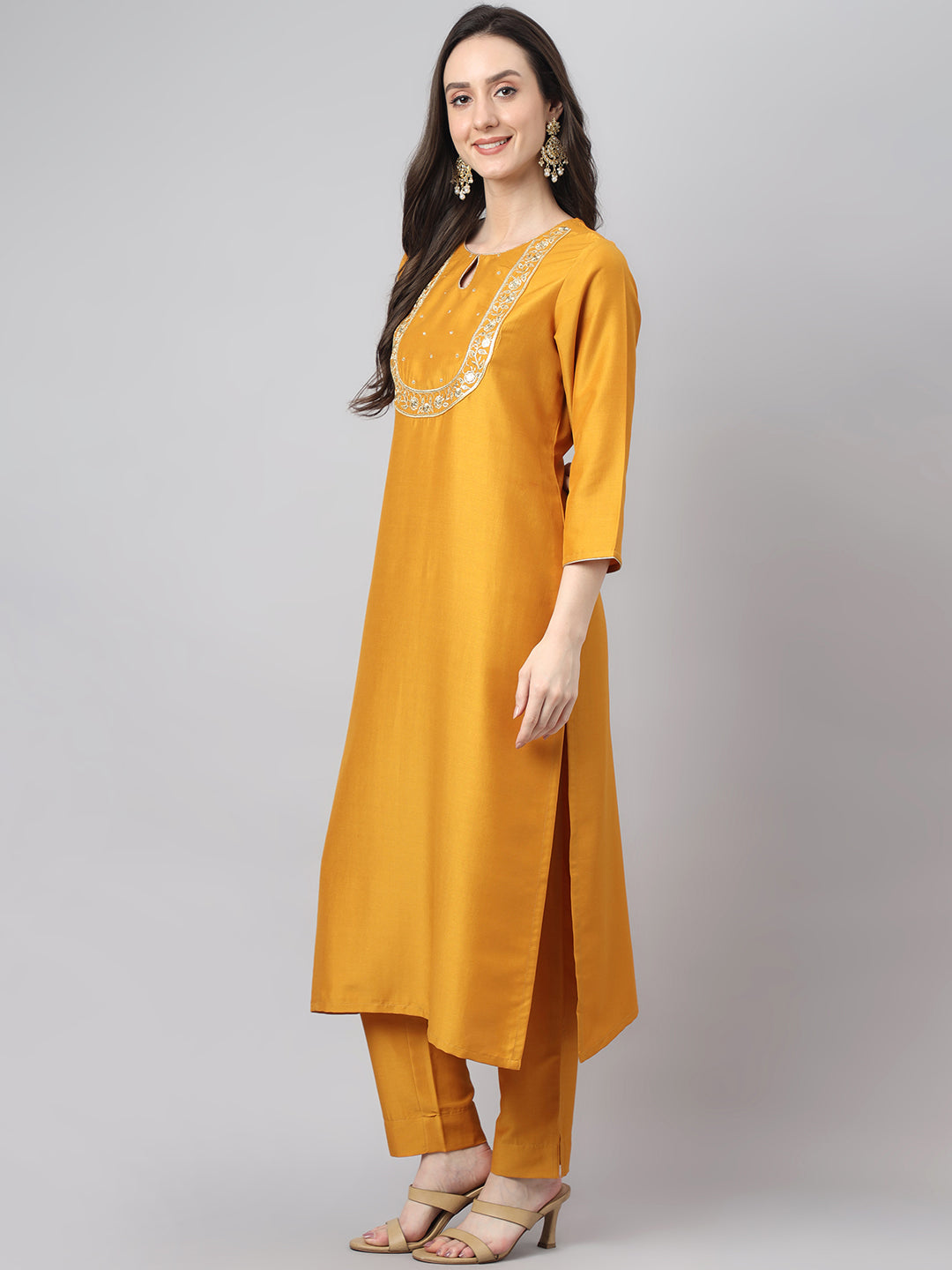 Janasya Women's Mustard Chinon Solid Straight Festive Kurta Set | Swadesiicart