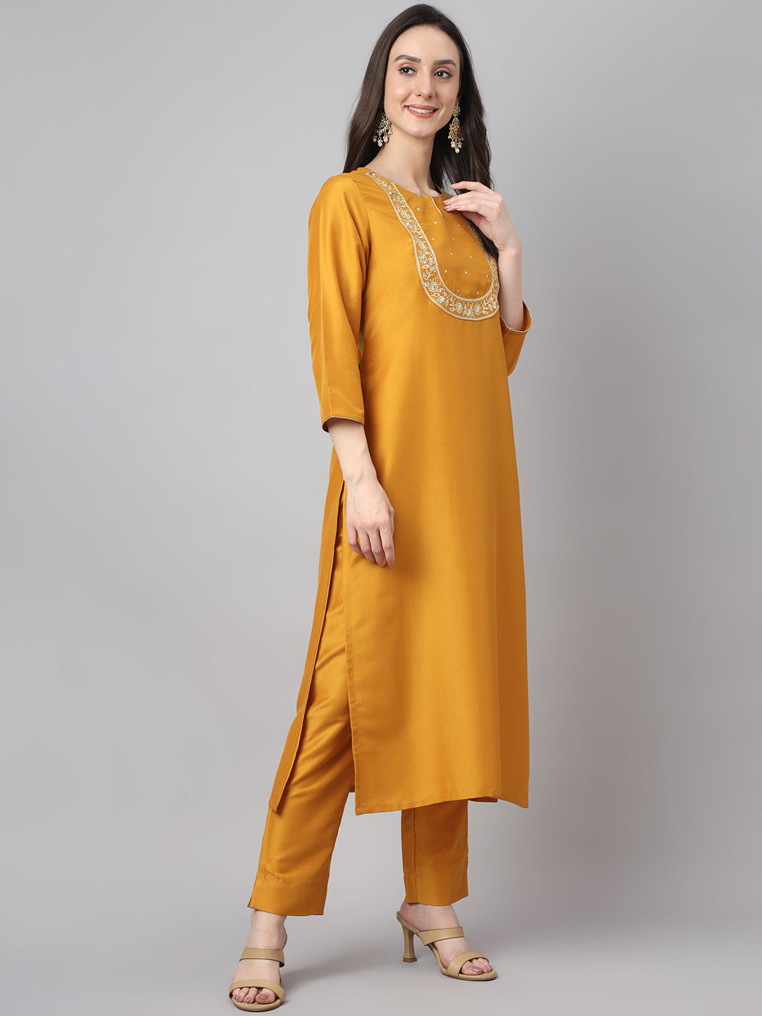 Janasya Women's Mustard Chinon Solid Straight Festive Kurta Set | Swadesiicart