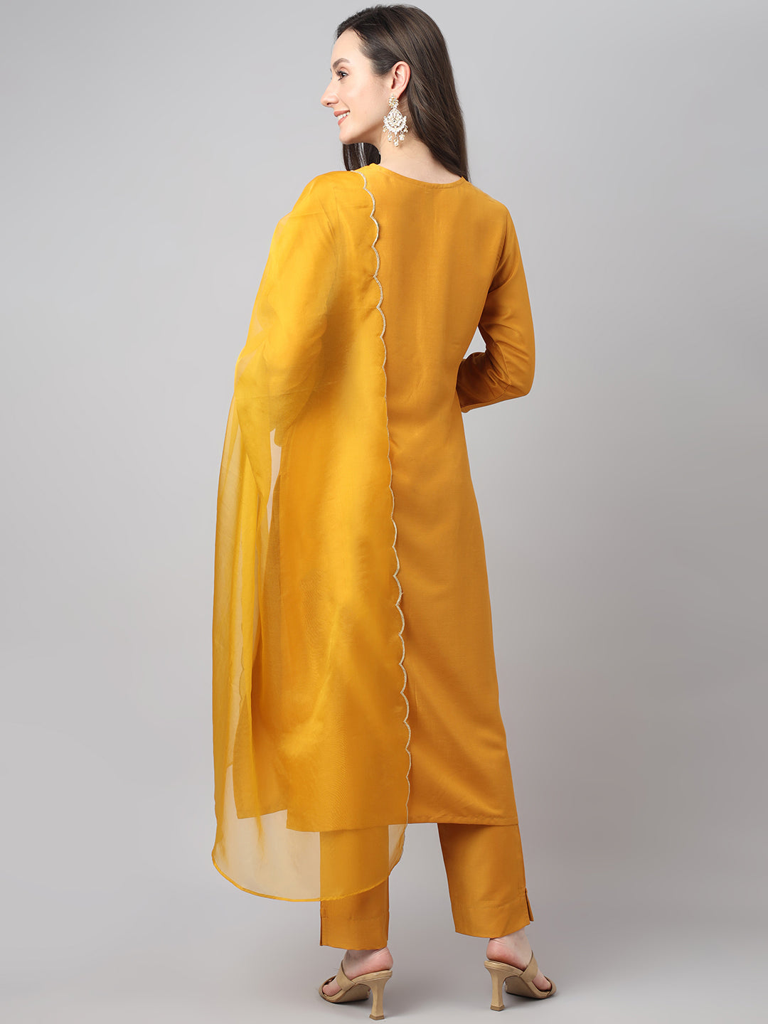 Janasya Women's Mustard Chinon Solid Straight Festive Kurta Set | Swadesiicart