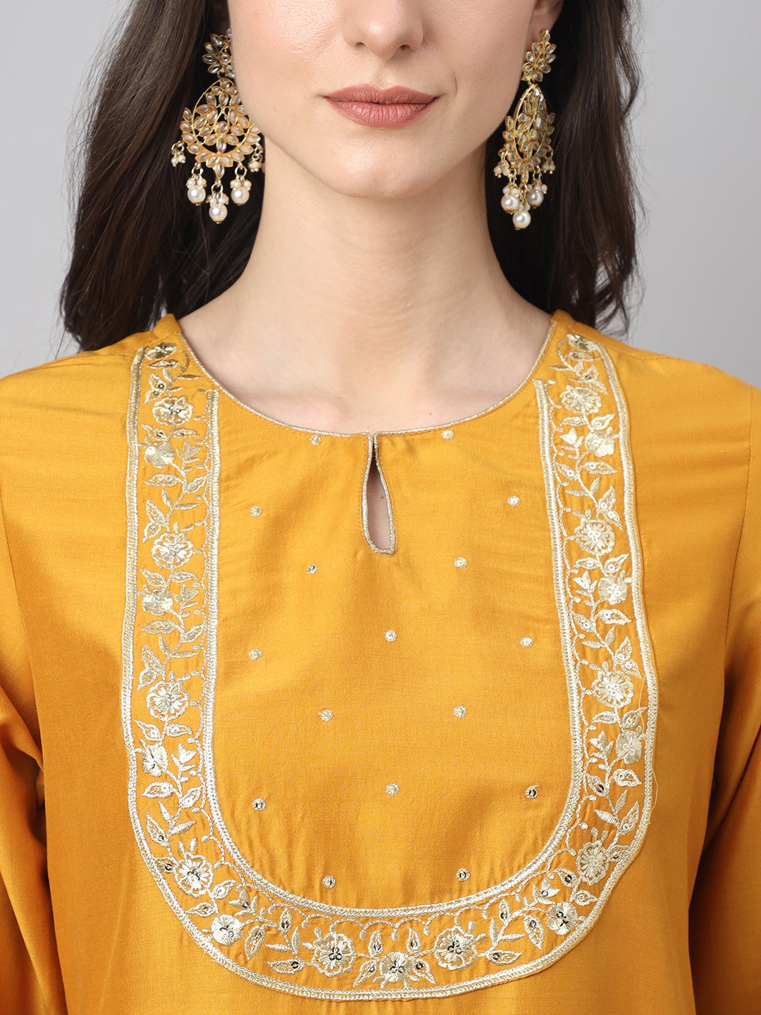 Janasya Women's Mustard Chinon Solid Straight Festive Kurta Set | Swadesiicart