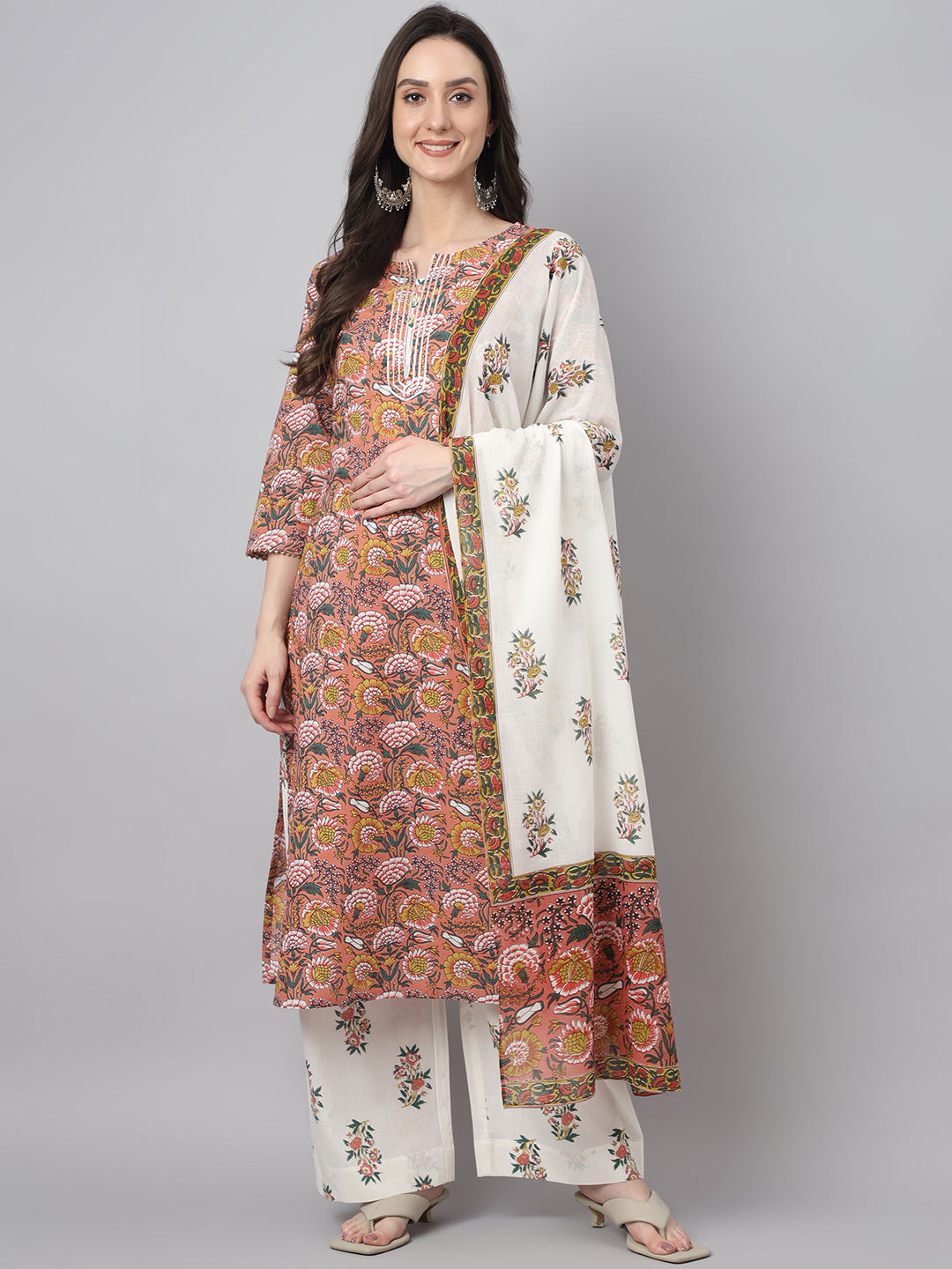 Janasya Women's Pink Cotton Floral Printed Straight Festive Kurta Set | Swadesiicart