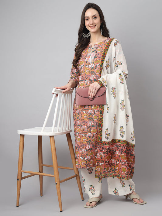 Janasya Women's Pink Cotton Floral Printed Straight Festive Kurta Set | Swadesiicart