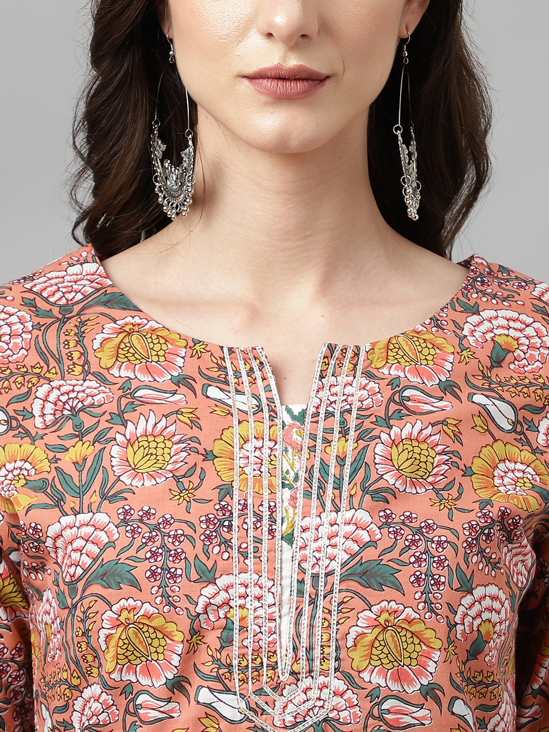 Janasya Women's Pink Cotton Floral Printed Straight Festive Kurta Set | Swadesiicart