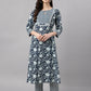 Janasya Women's Navy Blue Cotton Botanical Printed Straight Casual Kurta Set | Swadesiicart