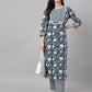 Janasya Women's Navy Blue Cotton Botanical Printed Straight Casual Kurta Set | Swadesiicart