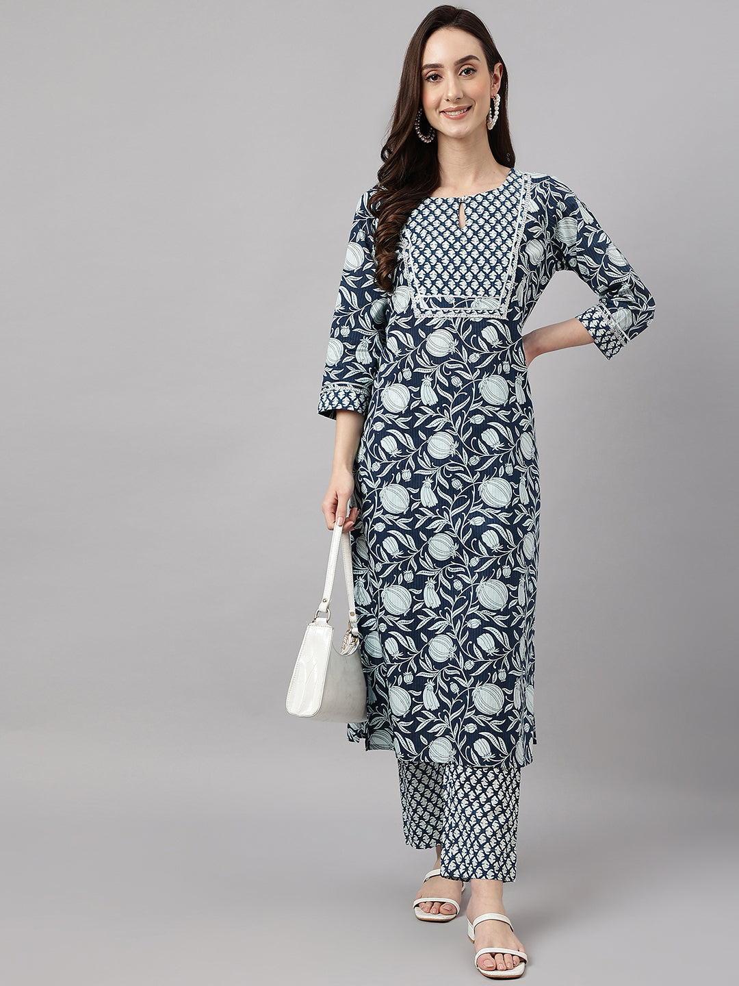 Janasya Women's Navy Blue Cotton Botanical Printed Straight Casual Kurta Set | Swadesiicart