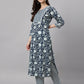Janasya Women's Navy Blue Cotton Botanical Printed Straight Casual Kurta Set | Swadesiicart