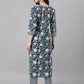 Janasya Women's Navy Blue Cotton Botanical Printed Straight Casual Kurta Set | Swadesiicart