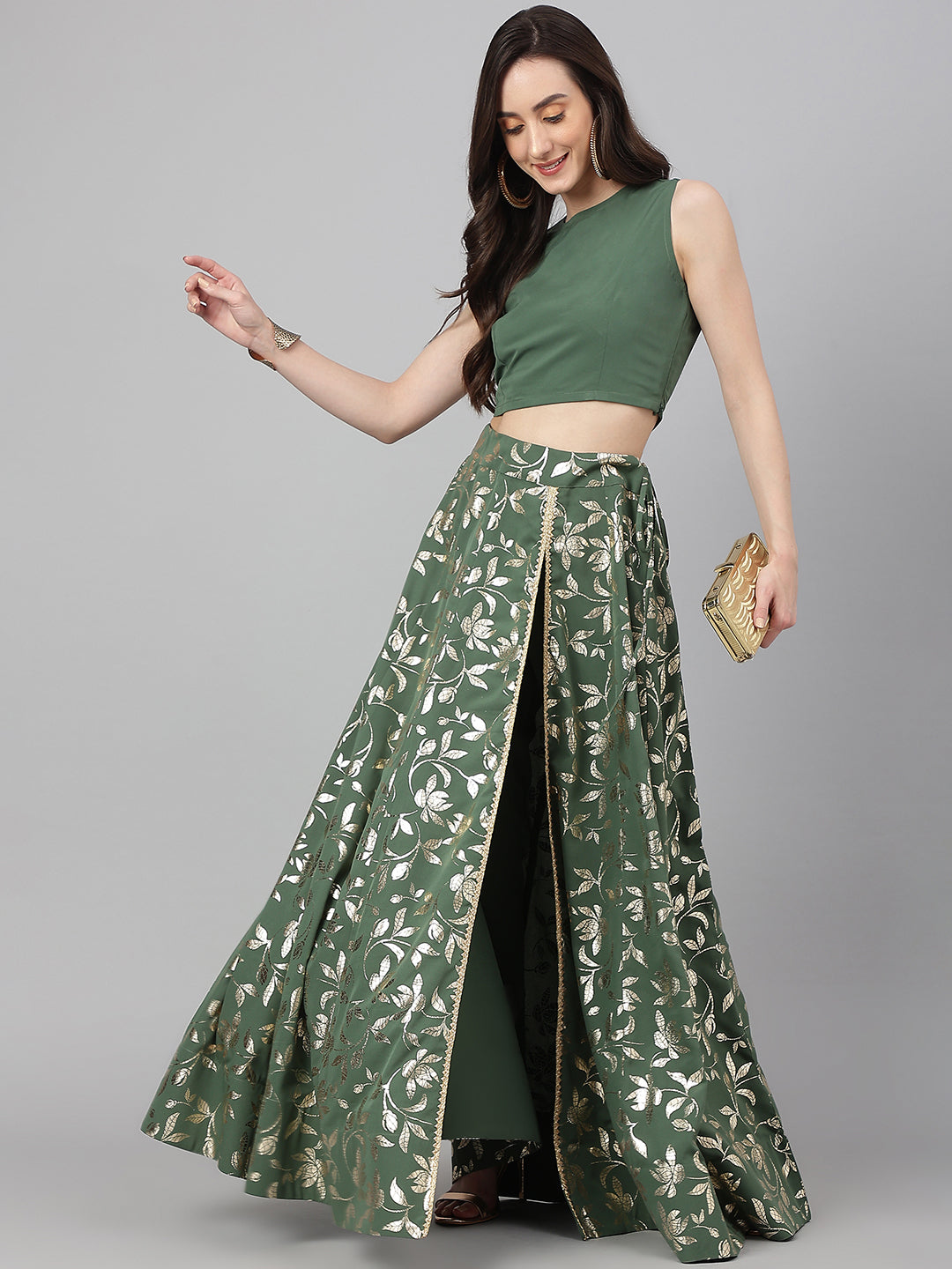 Janasya Women's Olive Green Crepe Solid Lehenga Choli With Pant - Thread Bucket Studio LLP