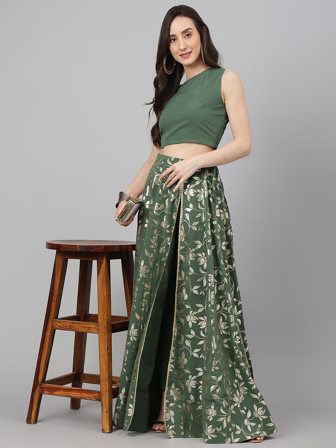 Janasya Women's Olive Green Crepe Solid Lehenga Choli With Pant - Swadesiicart