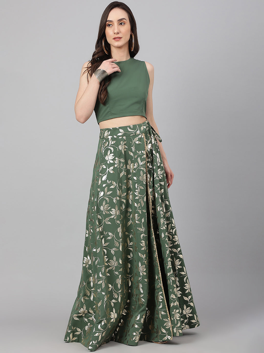 Janasya Women's Olive Green Crepe Solid Lehenga Choli With Pant - Swadesiicart