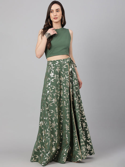 Janasya Women's Olive Green Crepe Solid Lehenga Choli With Pant - Swadesiicart