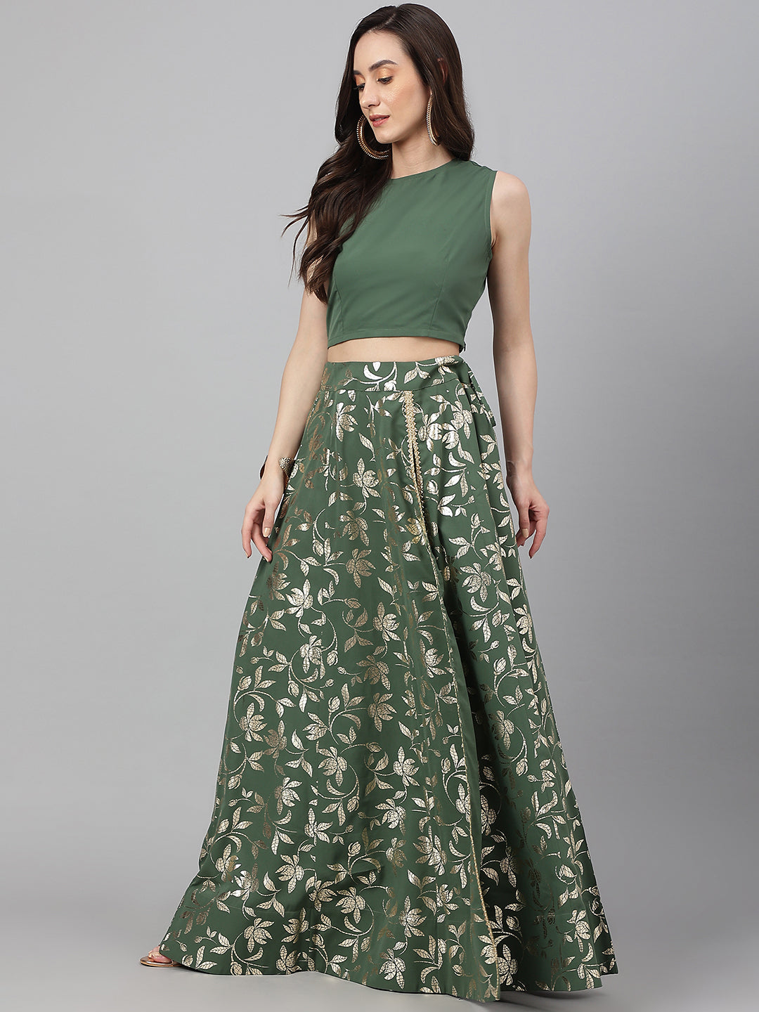 Janasya Women's Olive Green Crepe Solid Lehenga Choli With Pant - Swadesiicart