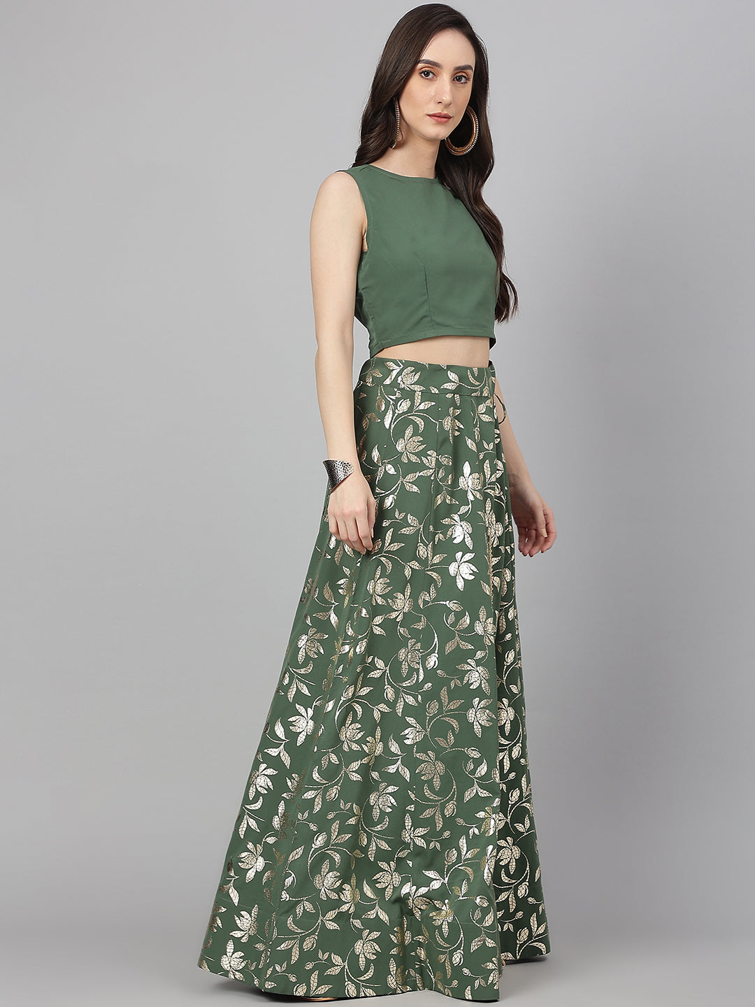 Janasya Women's Olive Green Crepe Solid Lehenga Choli With Pant - Swadesiicart