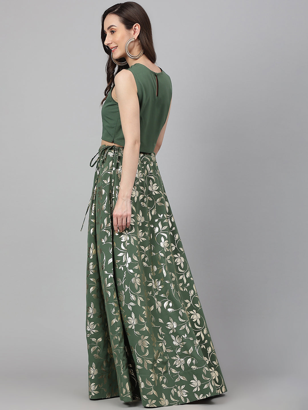 Janasya Women's Olive Green Crepe Solid Lehenga Choli With Pant - Swadesiicart