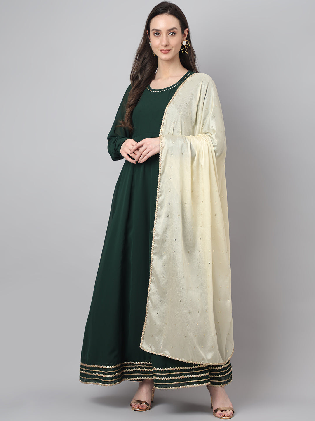 Janasya Women's Bottle Green Georgette Solid Anarkali Festive Kurta Set | Swadesiicart