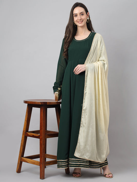 Janasya Women's Bottle Green Georgette Solid Anarkali Festive Kurta Set | Swadesiicart