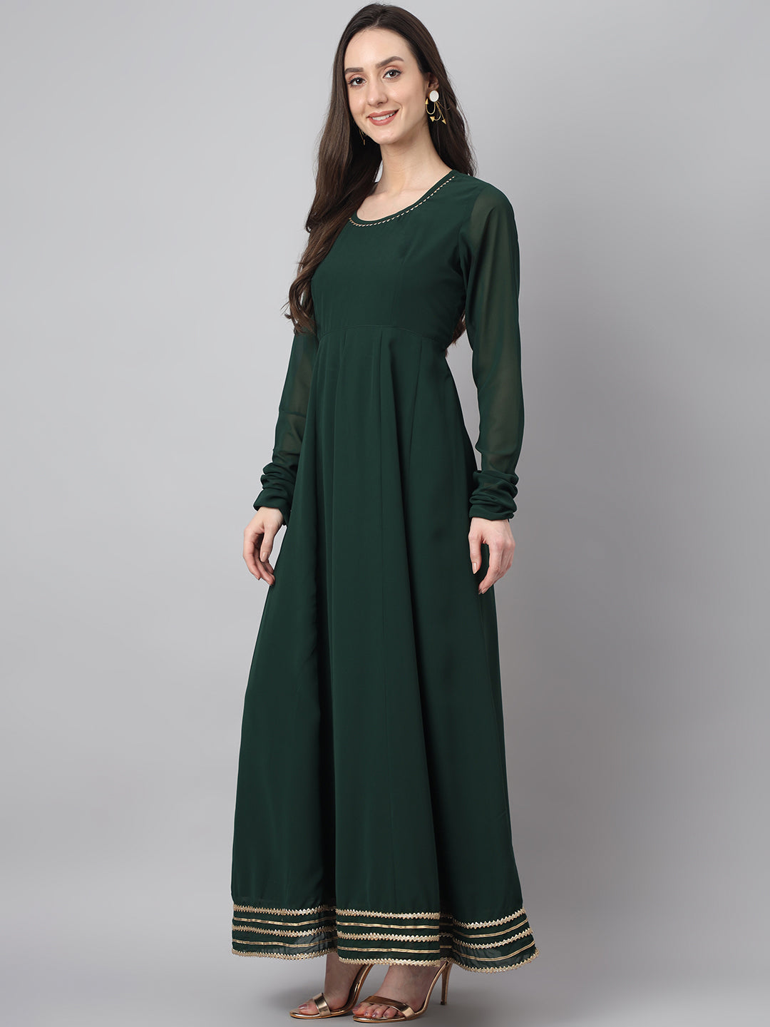 Janasya Women's Bottle Green Georgette Solid Anarkali Festive Kurta Set | Swadesiicart