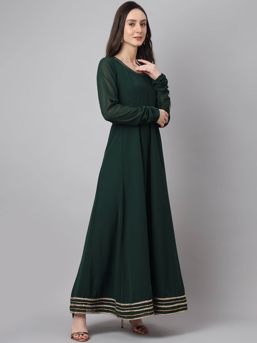 Janasya Women's Bottle Green Georgette Solid Anarkali Festive Kurta Set | Swadesiicart