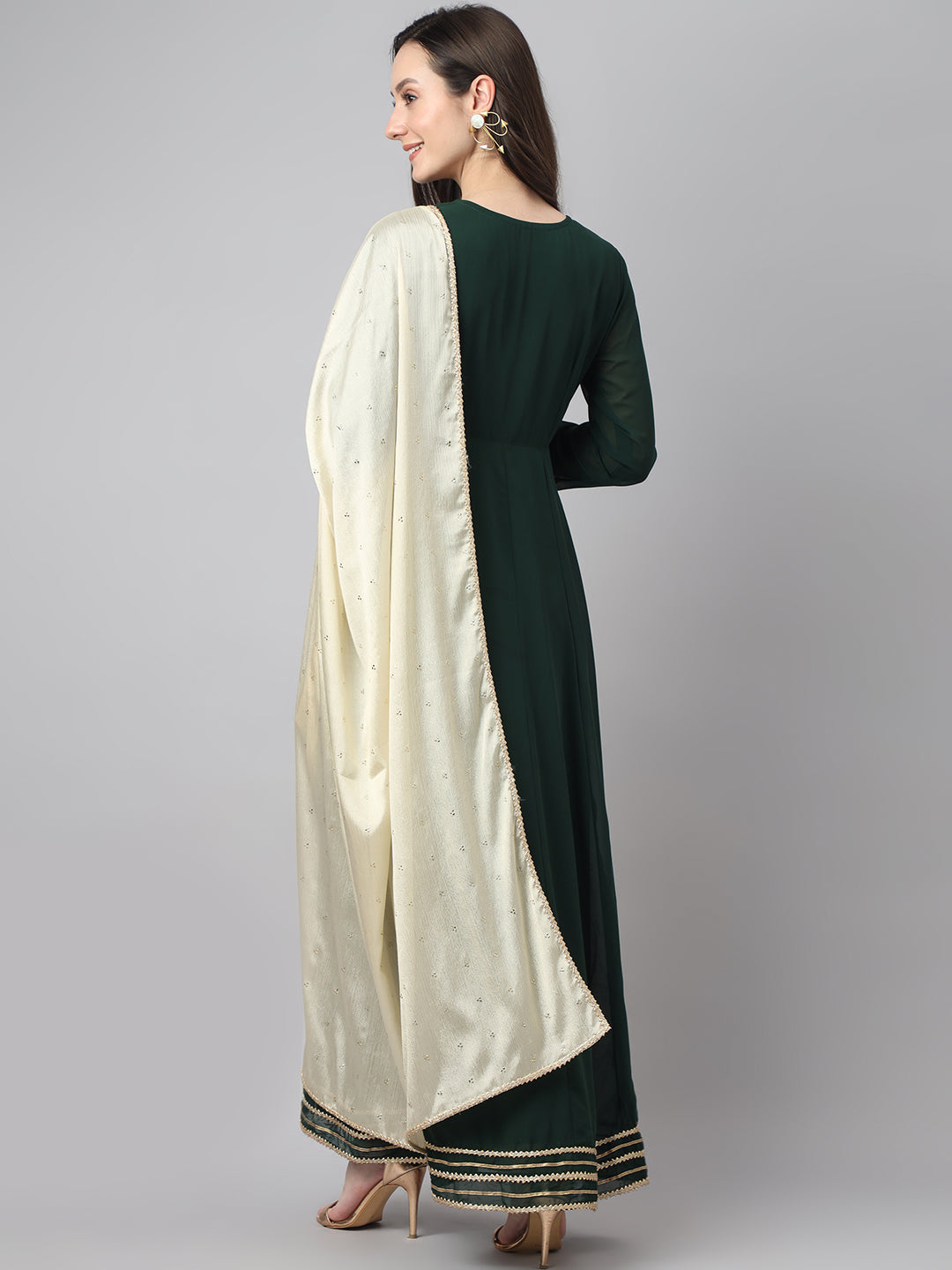 Janasya Women's Bottle Green Georgette Solid Anarkali Festive Kurta Set | Swadesiicart
