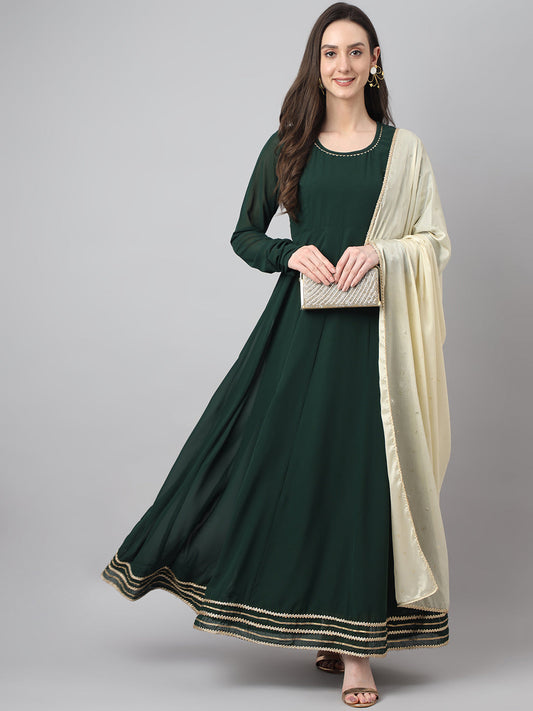Janasya Women's Bottle Green Georgette Solid Anarkali Festive Kurta Set | Swadesiicart