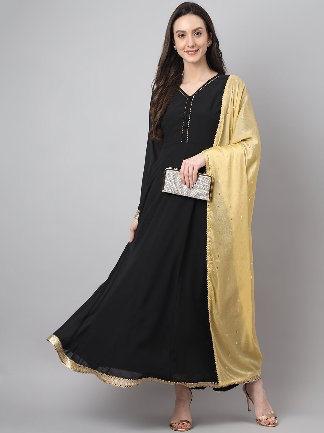 Janasya Women's Black Georgette Solid Anarkali Festive Kurta Set | Swadesiicart
