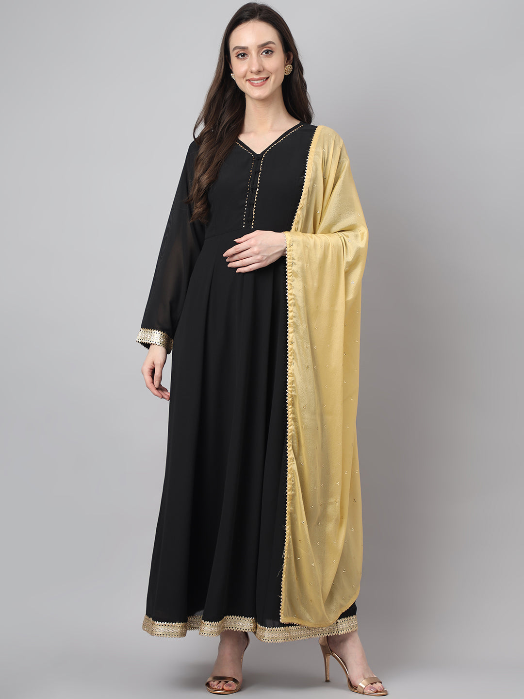Janasya Women's Black Georgette Solid Anarkali Festive Kurta Set | Swadesiicart