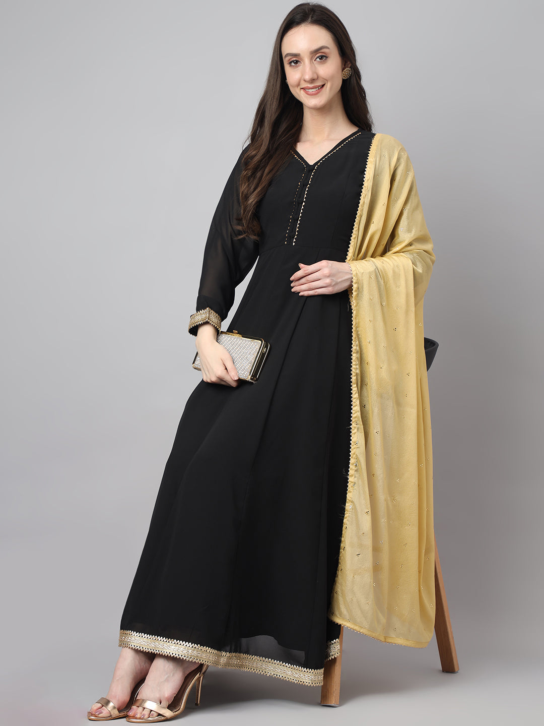 Janasya Women's Black Georgette Solid Anarkali Festive Kurta Set | Swadesiicart