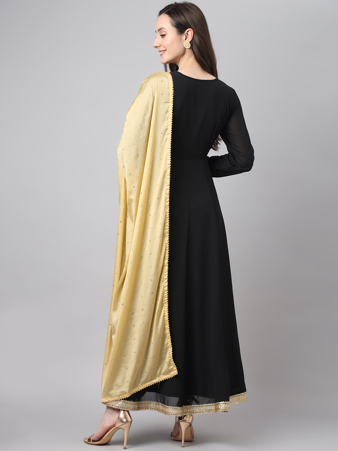 Janasya Women's Black Georgette Solid Anarkali Festive Kurta Set | Swadesiicart