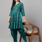 Janasya Women's Peacock Green Crepe Foil Printed Flared Party Kurta Set | Swadesiicart