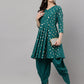 Janasya Women's Peacock Green Crepe Foil Printed Flared Party Kurta Set | Swadesiicart
