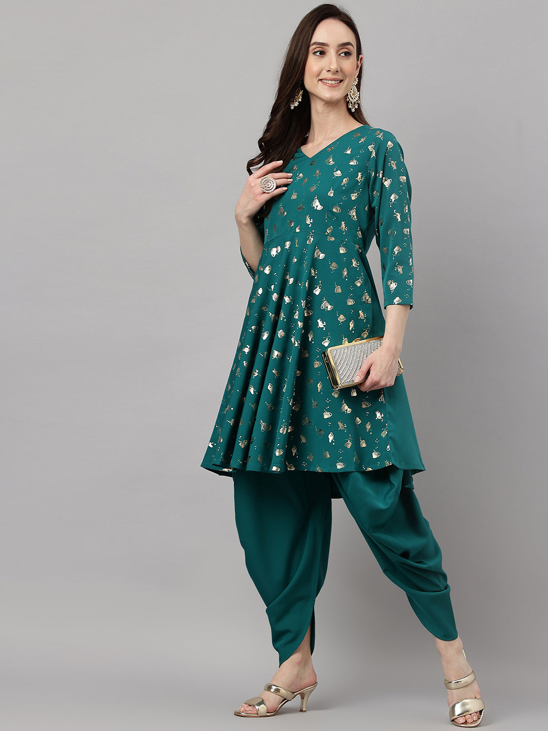 Janasya Women's Peacock Green Crepe Foil Printed Flared Party Kurta Set | Swadesiicart