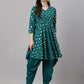 Janasya Women's Peacock Green Crepe Foil Printed Flared Party Kurta Set | Swadesiicart