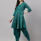 Janasya Women's Peacock Green Crepe Foil Printed Flared Party Kurta Set | Swadesiicart