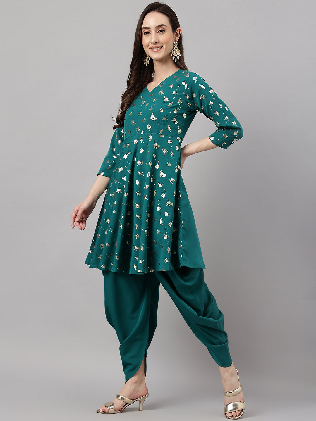 Janasya Women's Peacock Green Crepe Foil Printed Flared Party Kurta Set | Swadesiicart