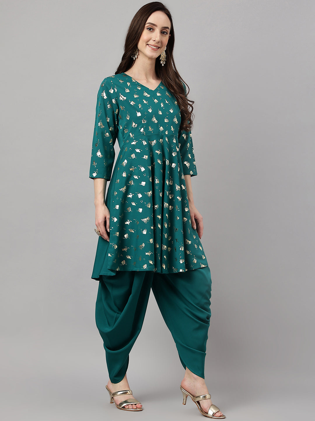 Janasya Women's Peacock Green Crepe Foil Printed Flared Party Kurta Set | Swadesiicart